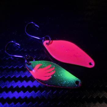 Preview: Belly 2.5g Spoon #093 UV Aktiv Apex Predator – Night Crawler - Pink-Black-Yellow / Pink - Holo Flakes Gold